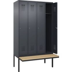 kaiserkraft Spind Evolo PLUS Sitzbank, 4 Abteile, grau, B 1200 mm, Zylinderschloss, mit auskragender Sitzbank, Buche