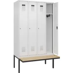 Kleiderspind C+P Evolo Plus, 4 Abteile à 300 mm Breite, schwebende Sitzbank, B 1200 x T 815 x H 2120 mm, Zylinder, verkehrsweiss/verkehrsweiss