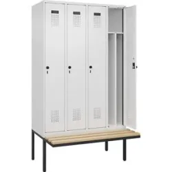 kaiserkraft Schwarz-Weiß-Spind Evolo PLUS Sitzbank, schmal, 4 Abteile, verkürzte Trennwand mittig, weiß, B 1200 mm, Sicherheits-Drehriegel, mit auskragender