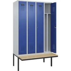 kaiserkraft Schwarz-Weiß-Spind Evolo PLUS Sitzbank, schmal, 4 Abteile, verkürzte Trennwand mittig, lichtgrau / enzianblau, B 1200 mm, Zylinderschloss, mit