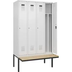 kaiserkraft Schwarz-Weiß-Spind Evolo PLUS Sitzbank, schmal, 4 Abteile, verkürzte Trennwand mittig, weiß, B 1200 mm, Zylinderschloss, mit auskragender Sitzbank,
