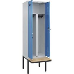 kaiserkraft Schwarz-Weiß-Spind Evolo PLUS Sitzbank, 2 Abteile, verkürzte Trennwand mittig, lichtgrau / lichtblau, B 600 mm, Sicherheits-Drehriegel, mit