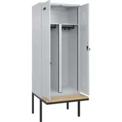 kaiserkraft Schwarz-Weiß-Spind Evolo PLUS Sitzbank, 2 Abteile, verkürzte Trennwand mittig, lichtgrau / lichtgrau, B 800 mm, Sicherheits-Drehriegel, mit