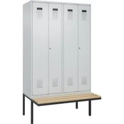 kaiserkraft Schwarz-Weiß-Spind Evolo PLUS Sitzbank, 4 Abteile, verkürzte Trennwand mittig, lichtgrau / lichtgrau, B 1200 mm, Zylinderschloss, mit auskragender