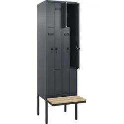 kaiserkraft Z-Spind Evolo PLUS Sitzbank, 2 Abteile, grau, B 600 mm, Sicherheits-Drehriegel, mit auskragender Sitzbank, Buche