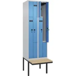 kaiserkraft Z-Spind Evolo PLUS Sitzbank, 2 Abteile, lichtgrau / lichtblau, B 600 mm, Sicherheits-Drehriegel, mit auskragender Sitzbank, Buche
