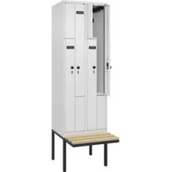 kaiserkraft Z-Spind Evolo PLUS Sitzbank, 2 Abteile, weiß, B 600 mm, Sicherheits-Drehriegel, mit auskragender Sitzbank, Buche