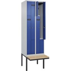 kaiserkraft Z-Spind Evolo PLUS Sitzbank, 2 Abteile, lichtgrau / enzianblau, B 600 mm, Zylinderschloss, mit auskragender Sitzbank, Buche
