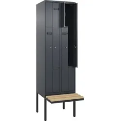 kaiserkraft Z-Spind Evolo PLUS Sitzbank, 2 Abteile, grau, B 600 mm, Zylinderschloss, mit auskragender Sitzbank, Buche