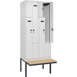 kaiserkraft Z-Spind Evolo PLUS Sitzbank, 2 Abteile, weiß, B 800 mm, Sicherheits-Drehriegel, mit auskragender Sitzbank, Buche