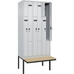 kaiserkraft Z-Spind Evolo PLUS Sitzbank, 3 Abteile, lichtgrau / lichtgrau, B 900 mm, Sicherheits-Drehriegel, mit auskragender Sitzbank, Buche