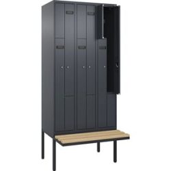 kaiserkraft Z-Spind Evolo PLUS Sitzbank, 3 Abteile, grau, B 900 mm, Zylinderschloss, mit auskragender Sitzbank, Buche