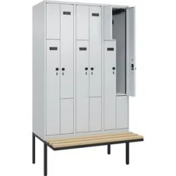 kaiserkraft Z-Spind Evolo PLUS Sitzbank, 3 Abteile, lichtgrau / lichtgrau, B 1200 mm, Sicherheits-Drehriegel, mit auskragender Sitzbank, Buche