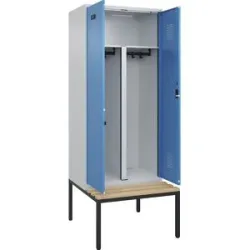 kaiserkraft Schwarz-Weiß-Spind Evolo PLUS Sitzbank, 2 Abteile, verkürzte Trennwand mittig, lichtgrau / lichtblau, B 800 mm, Zylinderschloss, mit untergebauter