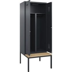 kaiserkraft Schwarz-Weiß-Spind Evolo PLUS Sitzbank, 2 Abteile, verkürzte Trennwand mittig, grau, B 800 mm, Zylinderschloss, mit untergebauter Sitzbank, Buche
