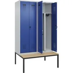 kaiserkraft Schwarz-Weiß-Spind Evolo PLUS Sitzbank, 4 Abteile, verkürzte Trennwand mittig, lichtgrau / enzianblau, B 1200 mm, Sicherheits-Drehriegel, mit