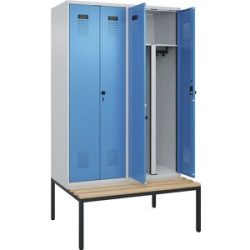 kaiserkraft Schwarz-Weiß-Spind Evolo PLUS Sitzbank, 4 Abteile, verkürzte Trennwand mittig, lichtgrau / lichtblau, B 1200 mm, Sicherheits-Drehriegel, mit