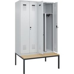 kaiserkraft Schwarz-Weiß-Spind Evolo PLUS Sitzbank, 4 Abteile, verkürzte Trennwand mittig, lichtgrau / lichtgrau, B 1200 mm, Sicherheits-Drehriegel, mit