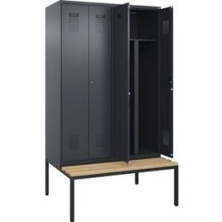 kaiserkraft Schwarz-Weiß-Spind Evolo PLUS Sitzbank, 4 Abteile, verkürzte Trennwand mittig, grau, B 1200 mm, Zylinderschloss, mit untergebauter Sitzbank, Buche