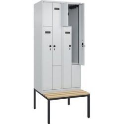 kaiserkraft Z-Spind Evolo PLUS Sitzbank, 2 Abteile, lichtgrau / lichtgrau, B 800 mm, Sicherheits-Drehriegel, mit untergebauter Sitzbank, Buche