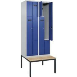 kaiserkraft Z-Spind Evolo PLUS Sitzbank, 2 Abteile, lichtgrau / enzianblau, B 800 mm, Zylinderschloss, mit untergebauter Sitzbank, Buche