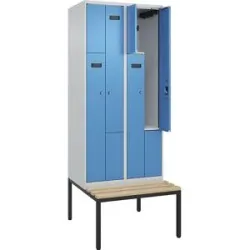 kaiserkraft Z-Spind Evolo PLUS Sitzbank, 2 Abteile, lichtgrau / lichtblau, B 800 mm, Zylinderschloss, mit untergebauter Sitzbank, Buche