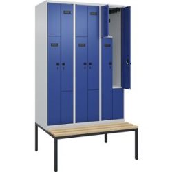 kaiserkraft Z-Spind Evolo PLUS Sitzbank, 3 Abteile, lichtgrau / enzianblau, B 1200 mm, Sicherheits-Drehriegel, mit untergebauter Sitzbank, Buche