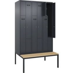 kaiserkraft Z-Spind Evolo PLUS Sitzbank, 3 Abteile, grau, B 1200 mm, Zylinderschloss, mit untergebauter Sitzbank, Buche