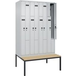 kaiserkraft Z-Spind Evolo PLUS Sitzbank, 4 Abteile, lichtgrau / lichtgrau, B 1200 mm, Sicherheits-Drehriegel, mit untergebauter Sitzbank, Buche