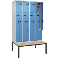 kaiserkraft Z-Spind Evolo PLUS Sitzbank, 4 Abteile, lichtgrau / lichtblau, B 1200 mm, Sicherheits-Drehriegel, mit untergebauter Sitzbank, Buche