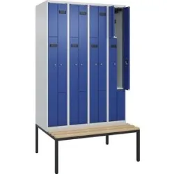 kaiserkraft Z-Spind Evolo PLUS Sitzbank, 4 Abteile, lichtgrau / enzianblau, B 1200 mm, Zylinderschloss, mit untergebauter Sitzbank, Buche