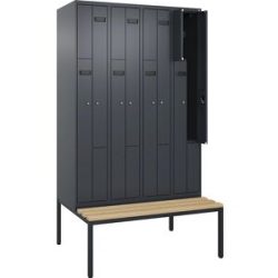 kaiserkraft Z-Spind Evolo PLUS Sitzbank, 4 Abteile, grau, B 1200 mm, Zylinderschloss, mit untergebauter Sitzbank, Buche