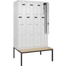 kaiserkraft Z-Spind Evolo PLUS Sitzbank, 4 Abteile, weiß, B 1200 mm, Zylinderschloss, mit untergebauter Sitzbank, Buche