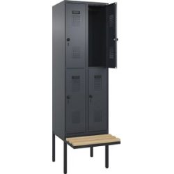 kaiserkraft Doppelstock-Spind Evolo PLUS Sitzbank, 2 Abteile, grau, B 600 mm, Sicherheits-Drehriegel, mit auskragender Sitzbank, Buche
