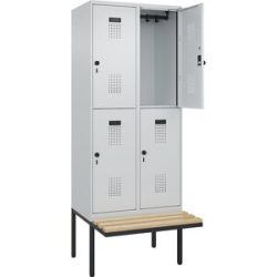 kaiserkraft Doppelstock-Spind Evolo PLUS Sitzbank, 2 Abteile, lichtgrau / lichtgrau, B 800 mm, Sicherheits-Drehriegel, mit auskragender Sitzbank, Buche