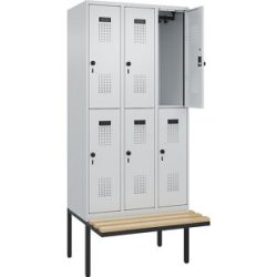 kaiserkraft Doppelstock-Spind Evolo PLUS Sitzbank, 3 Abteile, lichtgrau / lichtgrau, B 900 mm, Sicherheits-Drehriegel, mit auskragender Sitzbank, Buche