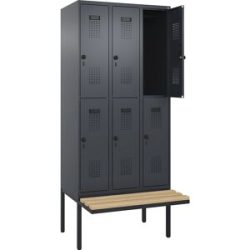 kaiserkraft Doppelstock-Spind Evolo PLUS Sitzbank, 3 Abteile, grau, B 900 mm, Sicherheits-Drehriegel, mit auskragender Sitzbank, Buche