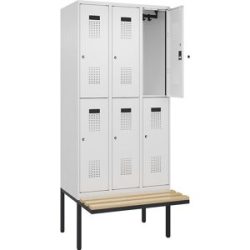 kaiserkraft Doppelstock-Spind Evolo PLUS Sitzbank, 3 Abteile, weiß, B 900 mm, Zylinderschloss, mit auskragender Sitzbank, Buche