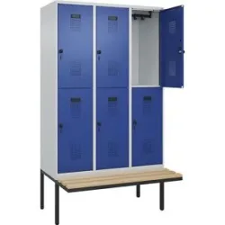 kaiserkraft Doppelstock-Spind Evolo PLUS Sitzbank, 3 Abteile, lichtgrau / enzianblau, B 1200 mm, Sicherheits-Drehriegel, mit auskragender Sitzbank, Buche