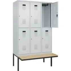 kaiserkraft Doppelstock-Spind Evolo PLUS Sitzbank, 3 Abteile, lichtgrau / lichtgrau, B 1200 mm, Zylinderschloss, mit auskragender Sitzbank, Buche