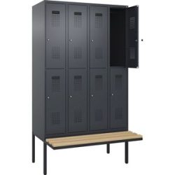 kaiserkraft Doppelstock-Spind Evolo PLUS Sitzbank, 4 Abteile, grau, B 1200 mm, Zylinderschloss, mit auskragender Sitzbank, Buche