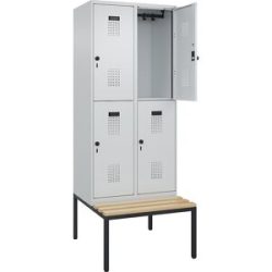 kaiserkraft Doppelstock-Spind Evolo PLUS Sitzbank, 2 Abteile, lichtgrau / lichtgrau, B 800 mm, Sicherheits-Drehriegel, mit untergebauter Sitzbank, Buche