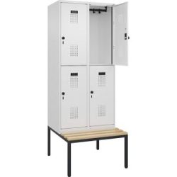kaiserkraft Doppelstock-Spind Evolo PLUS Sitzbank, 2 Abteile, weiß, B 800 mm, Sicherheits-Drehriegel, mit untergebauter Sitzbank, Buche