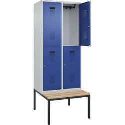 kaiserkraft Doppelstock-Spind Evolo PLUS Sitzbank, 2 Abteile, lichtgrau / enzianblau, B 800 mm, Zylinderschloss, mit untergebauter Sitzbank, Buche