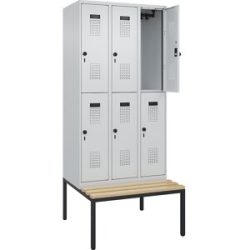kaiserkraft Doppelstock-Spind Evolo PLUS Sitzbank, 3 Abteile, lichtgrau / lichtgrau, B 900 mm, Sicherheits-Drehriegel, mit untergebauter Sitzbank, Buche