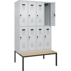 kaiserkraft Doppelstock-Spind Evolo PLUS Sitzbank, 4 Abteile, lichtgrau / lichtgrau, B 1200 mm, Sicherheits-Drehriegel, mit untergebauter Sitzbank, Buche