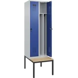 kaiserkraft Schwarz-Weiß-Spind Evolo PLUS Sitzbank, schmal, 2 Abteile, verkürzte Trennwand mittig, lichtgrau / enzianblau, B 600 mm, Sicherheits-Drehriegel, mit