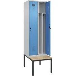 kaiserkraft Schwarz-Weiß-Spind Evolo PLUS Sitzbank, schmal, 2 Abteile, verkürzte Trennwand mittig, lichtgrau / lichtblau, B 600 mm, Sicherheits-Drehriegel, mit