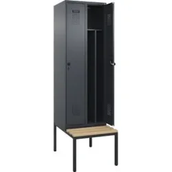 kaiserkraft Schwarz-Weiß-Spind Evolo PLUS Sitzbank, schmal, 2 Abteile, verkürzte Trennwand mittig, grau, B 600 mm, Sicherheits-Drehriegel, mit untergebauter