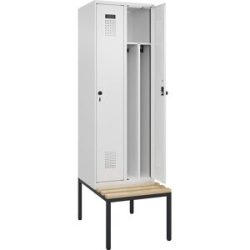 kaiserkraft Schwarz-Weiß-Spind Evolo PLUS Sitzbank, schmal, 2 Abteile, verkürzte Trennwand mittig, weiß, B 600 mm, Sicherheits-Drehriegel, mit untergebauter